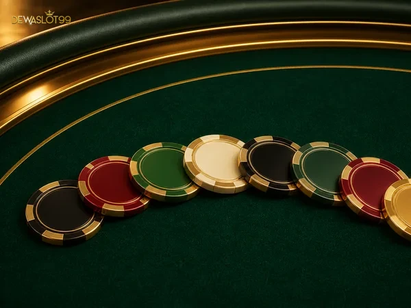 Tampilan meja Poker online dengan kartu komunitas dan chip taruhan